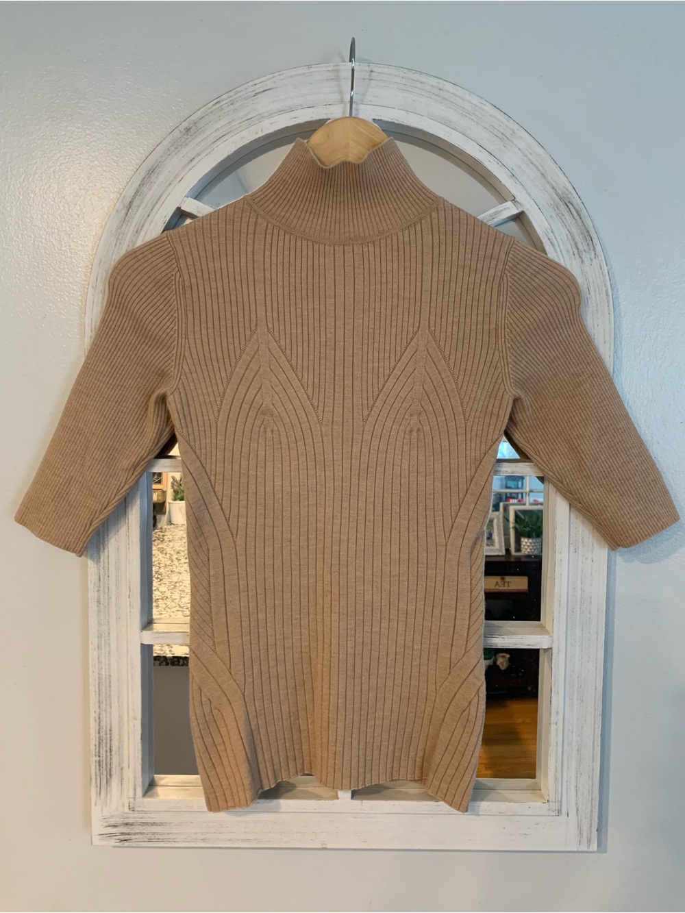 Neutral Ribbed Merino Blend Turtleneck Top